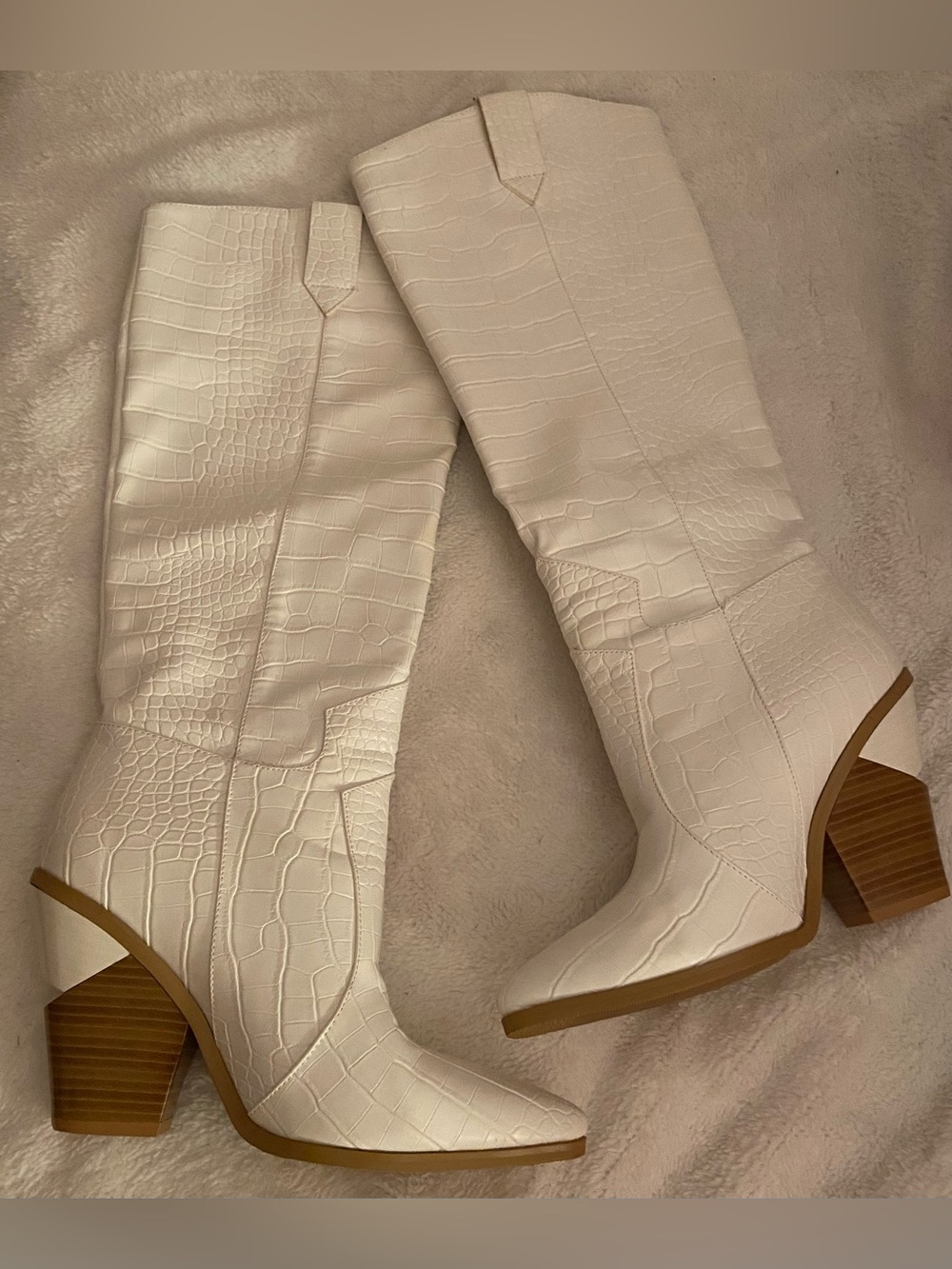 Women's White Croc-Embossed Knee Boots
